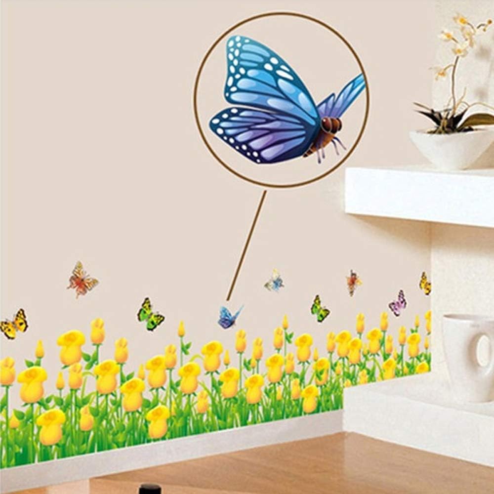 BEST OF BEST Little Yellow Flower Butterflies Baseboard Skirting Line Vinyl Wall Sticker Ay7025