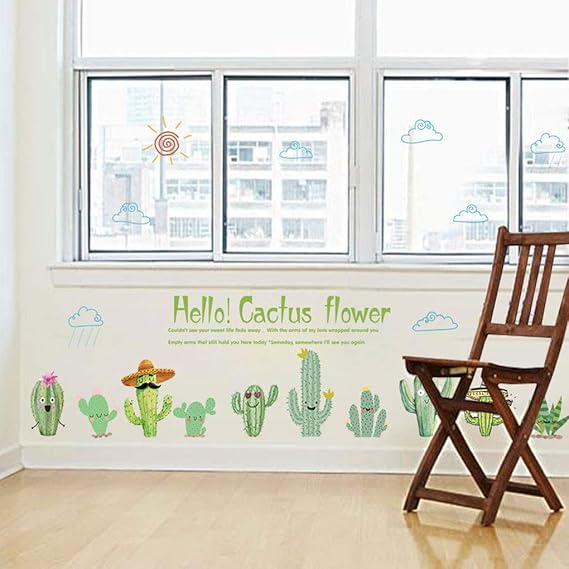 Tree Leaves Flowers Birds Wall Stickers Removable Wallpaper Home Decor PVC Art Mural Baby Boys Girls Kids Bedroom Room Window Decal (Hello Cactus Flower)