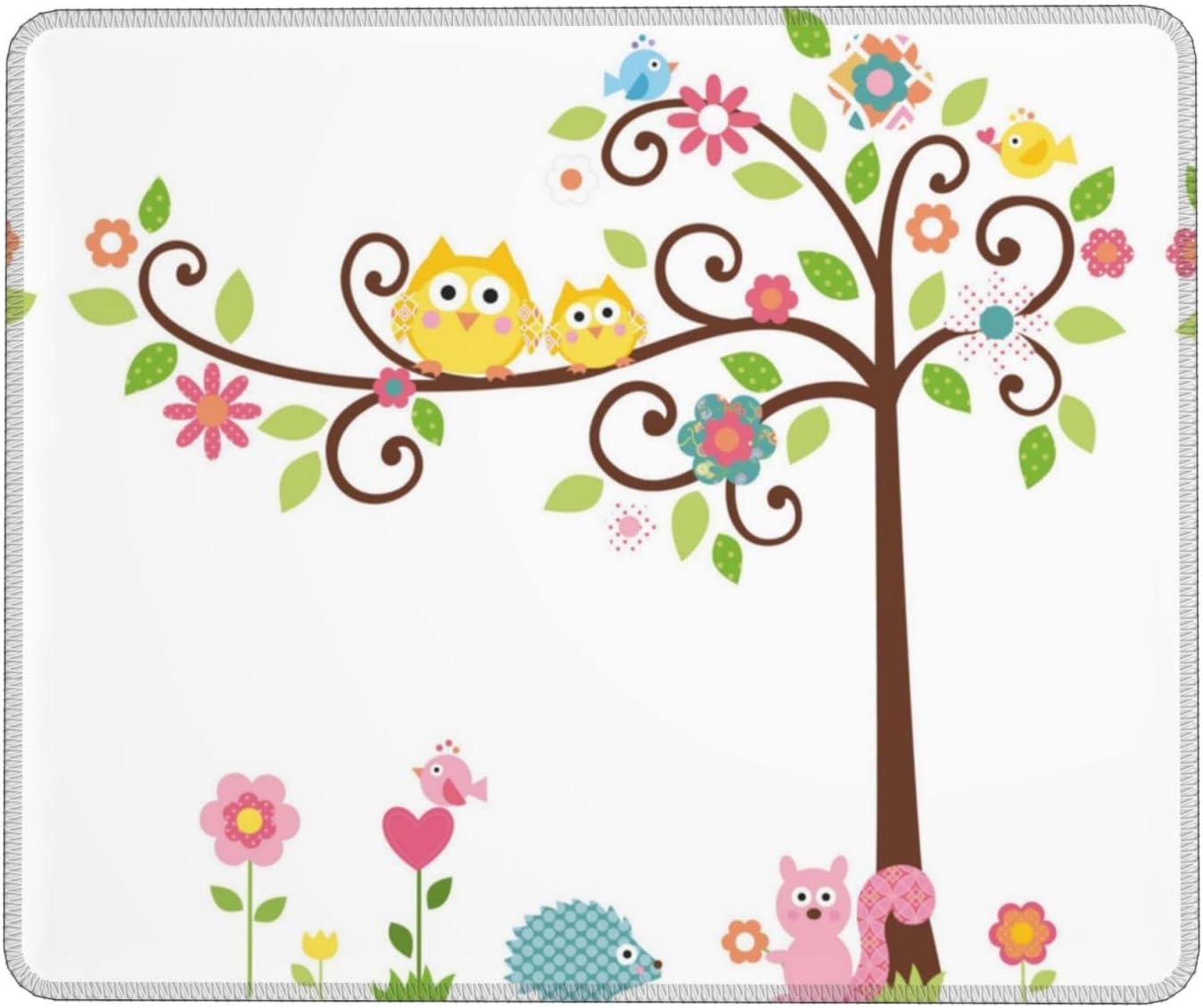 Cute Cartoon Owl Tree Flowers and Squirrel Waterproof Mouse Pad with Stitched Edge,Non-Slip Rubber Base Design for Laptop Or Desktop Computer size 20x25 zy1001