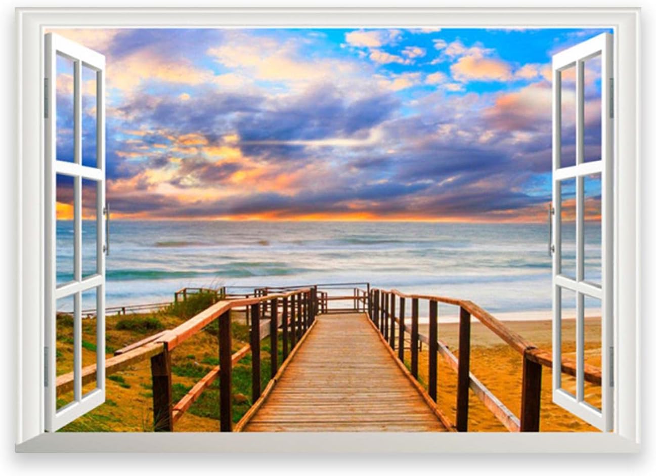 GEILEX Modern Seascape Painting. Seaside Nature Landscape Painting. Beach Wooden Bridge Canvas Wall Art Poster. Window View Home Decor Picture. 50x70cm ncs0023