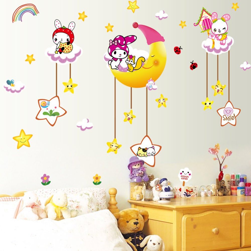 Wallpark Cute Smiling Star Moon Cartoon Rabbit Removable Wall Sticker Decal, Children Kids Baby Home Room Nursery DIY Decorative Adhesive Art Wall Mural size(60x90) xl8073