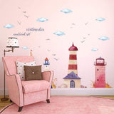HM92019 Watercolor Lighthouse Wall Stickers Sailing Clouds Wall Sticker