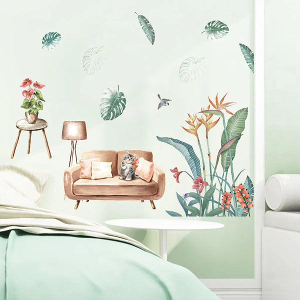 WS0388 NORDIC GREEN PLANT & CAT WALL STICKER