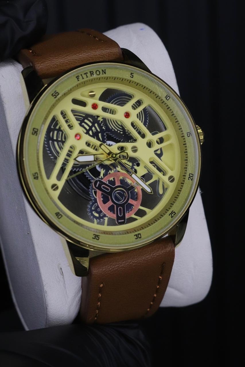 Fitron Classic Chrono: Sophisticated Minimalist Stainless Steel Watch with Genuine Leather Strap and Reliable Quartz Movement ( WITHOUT BOX ) ( GOLDEN)