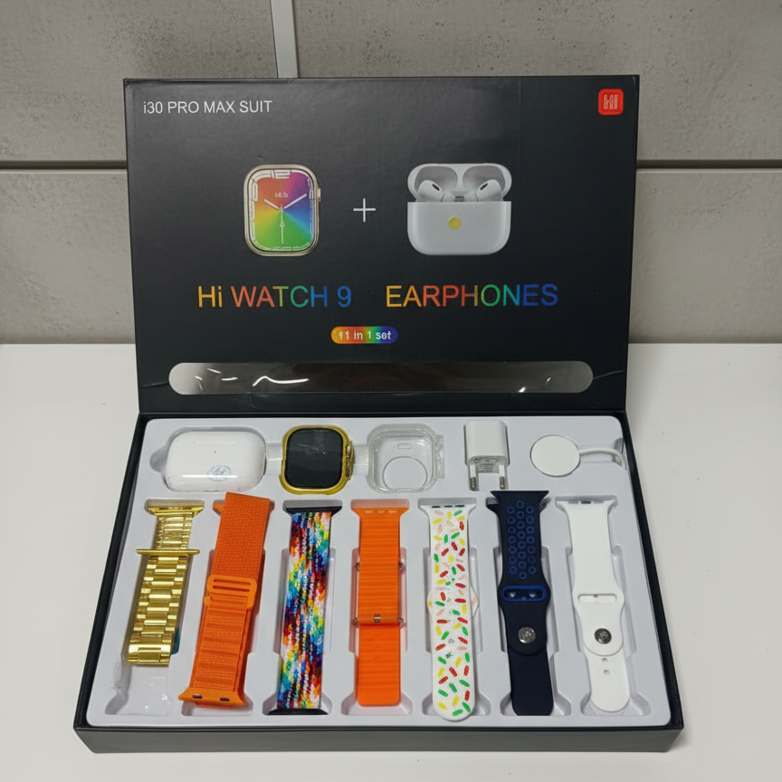 i30 Pro Max Smart Watch Series 9 | 11?in?1 Set | With Earbuds, Adapter, Wireless Charger & Cover | 2.3" HD Ultra | Random Colour
