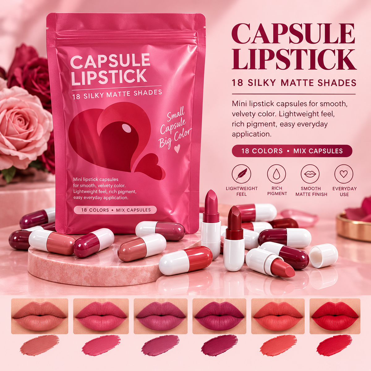 18 Colors Capsule Lipstick – Silky Matte Lipstick for Women | Smooth Finish, Rich Color & Compact Travel-Friendly Design