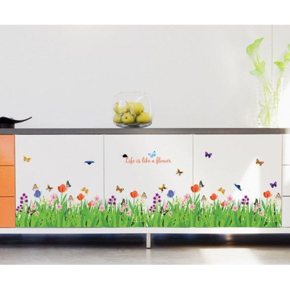 Green Grass Flowers Butterflies Wall Corner Decals Living Room Bedroom Baseboard Skirting Line Wall Stickers Art stiker dinding Wallsticker decalmile SK9057 Size: 30x 90cm