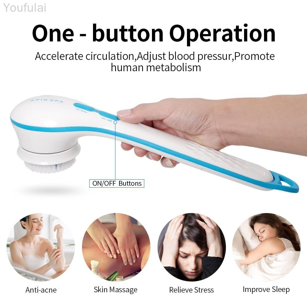 Electric Shower Brush 5-in-1 Spin Spa – Cell Operated Full Body Cleansing & Exfoliating Brush