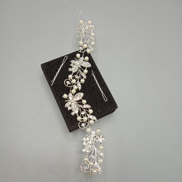 Dekmy Hair fancy broach, Bridal Hair Pins, Hair Pins Artificial Flowers, Alloy Crystal hair band, Silver (Pack of 1) Hair Band