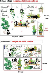 HT94022 Wall Stickers Cartoon Cat Tropical Plant Wall Stickers Decorative