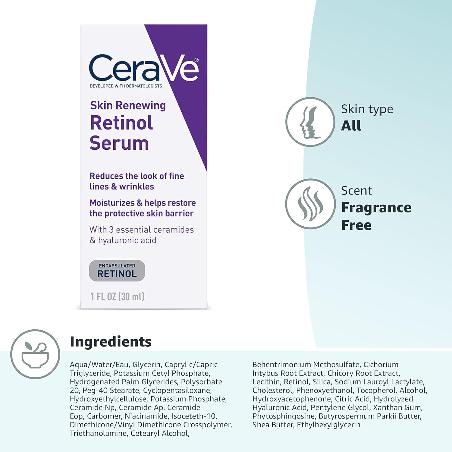 CeraVe, Skin Renewing Retinol Serum, (30 ml) lCeraVe Skin Renewing Serum with Retinol – Anti-Aging &amp; Smoothing Formula(30 ml) l