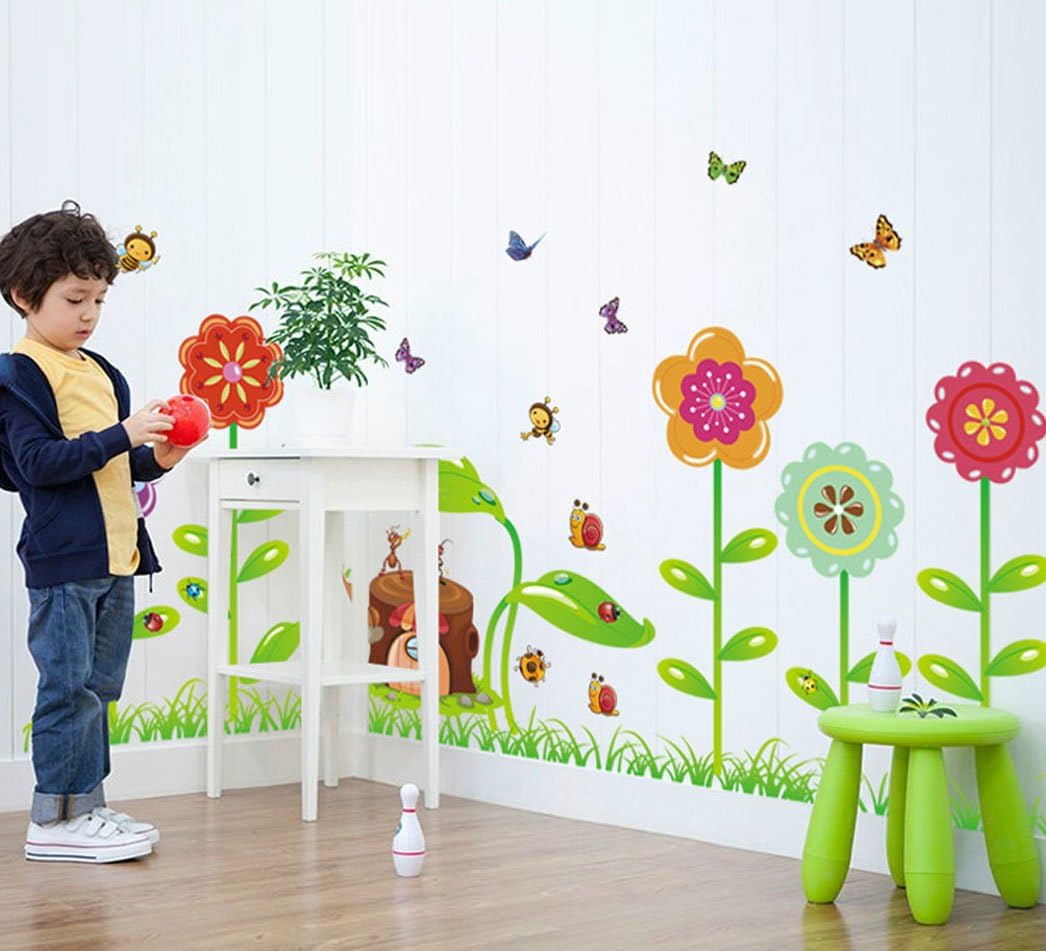 BIBITIME Grassland Flower Cartoon Animal Decal The Stump House Ants Bees Butterflies Snails Ladybugs Wall Sticker for Nursery Kids Room Bedroom size 50x70 xy8098