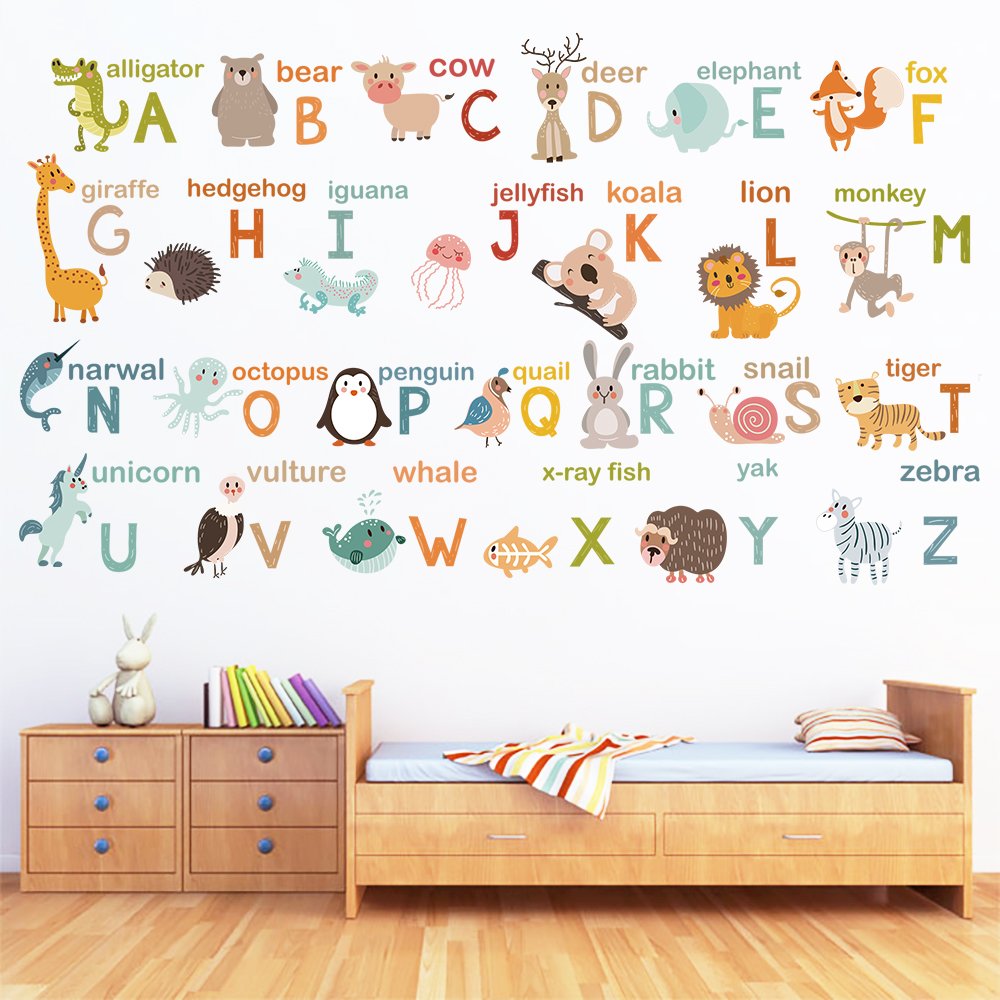 decalmile Alphabet ABC and Animals Wall Decals Classroom Kids Room Wall Decor Removable Wall stickers for Kids Bedroom Nursery Baby Room  size 60x90 dm0224-3