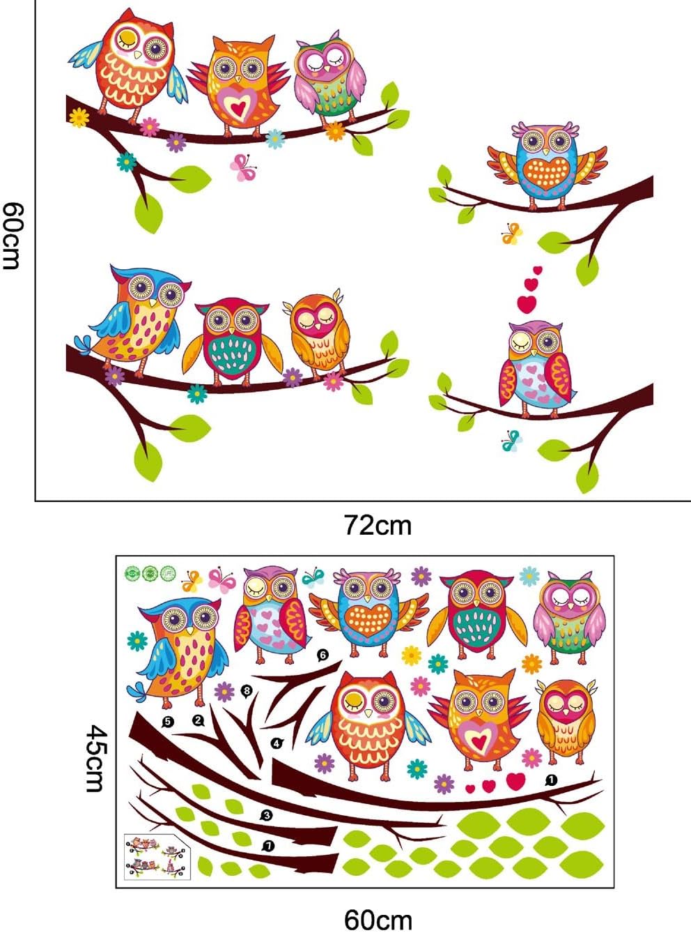 BIBITIME 4 Tree Branches 8 Owls Wall Decal Animal Flower Butterflies Decor Sticker for Living Room Nursery Children Boys Girls Bedroom Kids Room Decor DIY Home Art Mural size 45x60 xh6226
