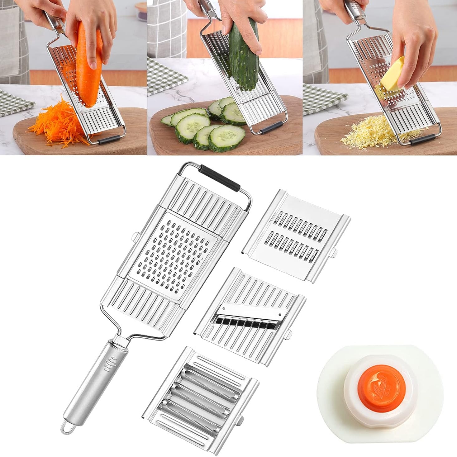 4-in-1 Multifunctional Vegetable Slicer & Grater, Stainless Steel Handheld Food Cutter with Interchangeable Blades for Fruits & Vegetables