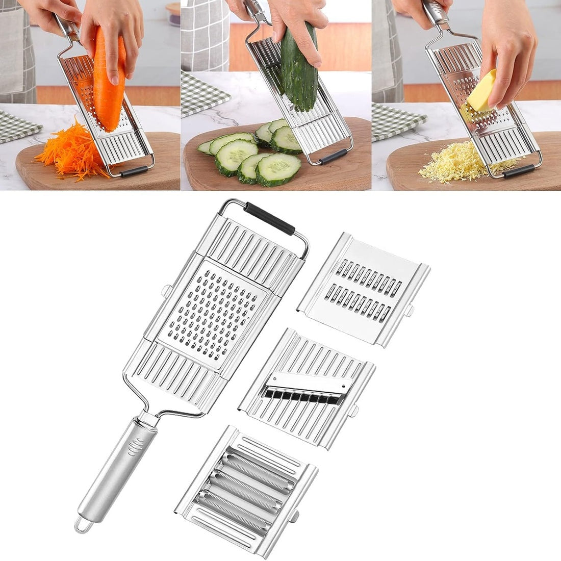 4-in-1 Multifunctional Vegetable Slicer & Grater, Stainless Steel Handheld Food Cutter with Interchangeable Blades for Fruits & Vegetables