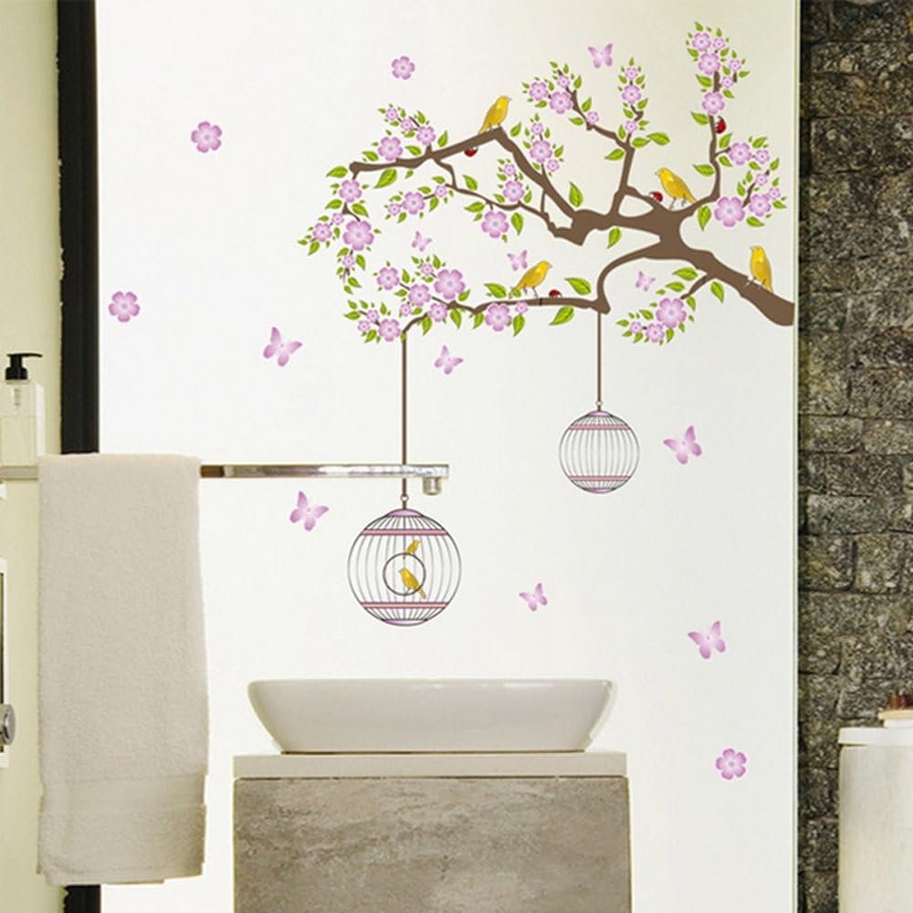 Pond's Seamless Wall Sticker Purple Flower Golden Bird DF5066 Extra Large Size 60x90 Wall Decor Sticker