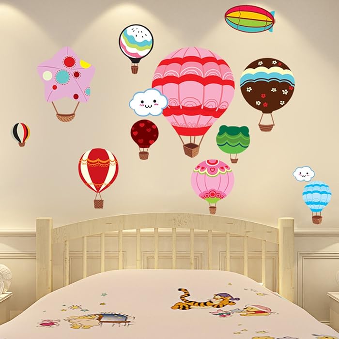 DM570074 Cute 3D Vinyl Hot Air Balloon Wall Stickers Smiley Face Puffy Clouds Stickers Decor Girls Boys Children and Kids Living Room Bedroom Bathroom