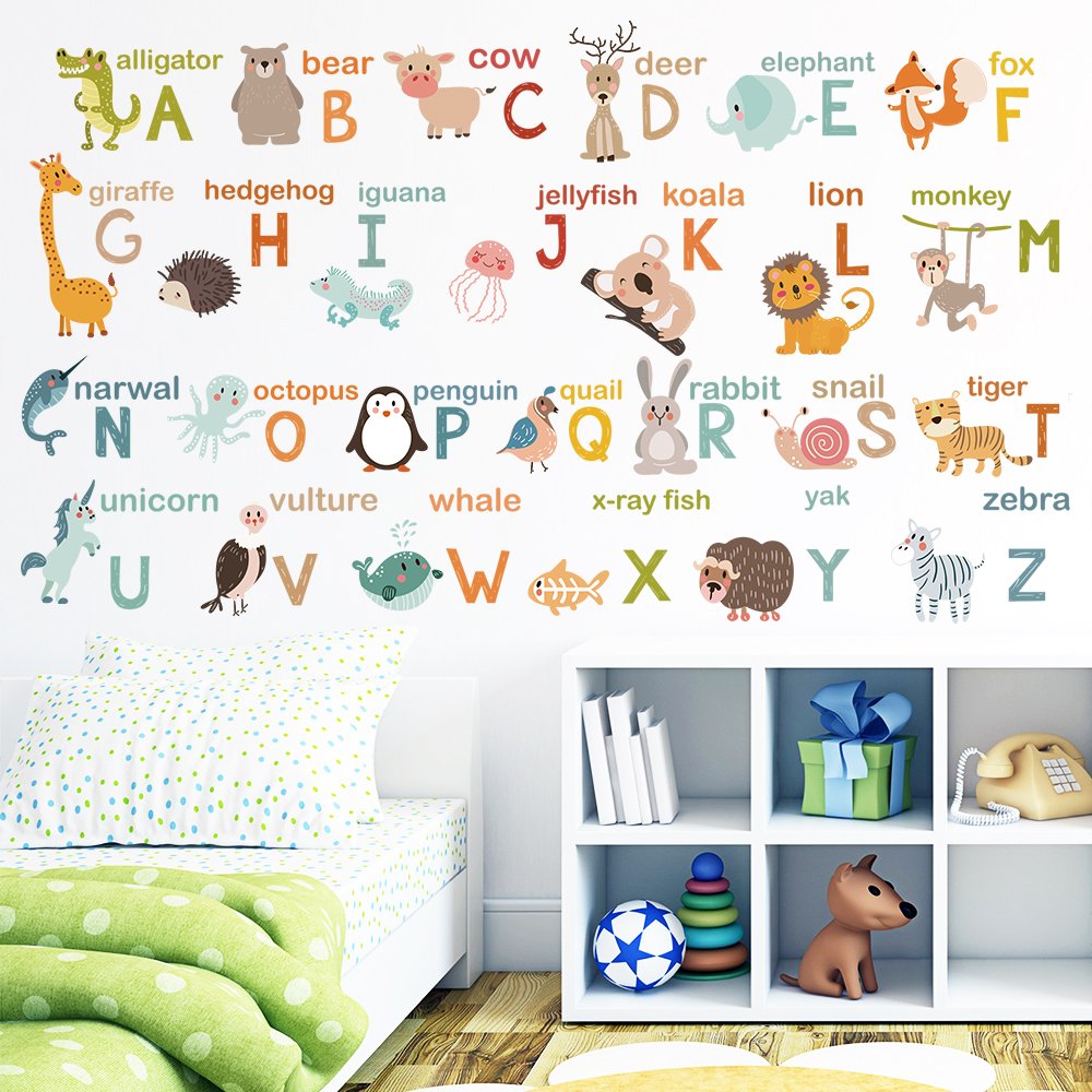 decalmile Alphabet ABC and Animals Wall Decals Classroom Kids Room Wall Decor Removable Wall stickers for Kids Bedroom Nursery Baby Room  size 60x90 dm0224-3