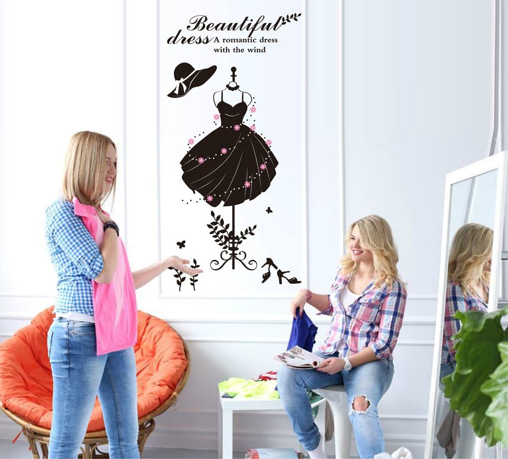 Wallpark Beautiful Black Dress Hat Bag High-Heeled Shoes Store Glass Showcase Removable Wall Sticker Decal, Living Room Bedroom Home Decoration Adhesive DIY Art Wall Mural size 50x70 xh0632c