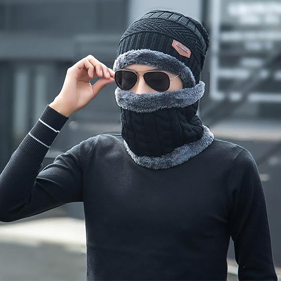 Head &amp; Neck Cap Beanies Combo - woolen winter beanie cap with neck warmer muffler for men and women (Black)