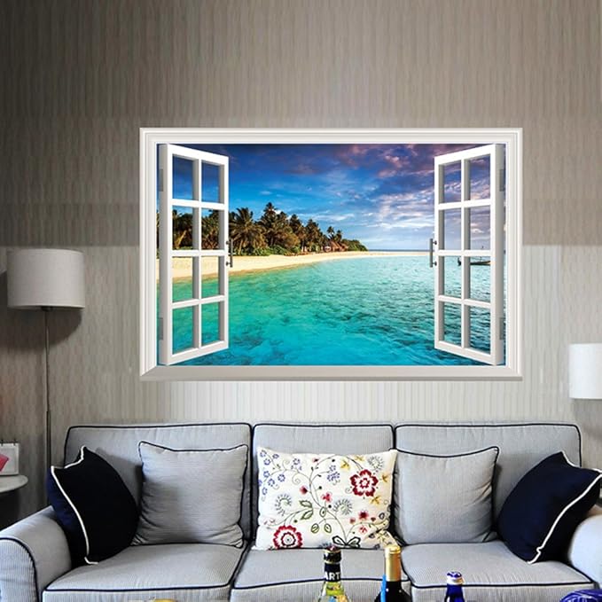 Winhappyhome Blue Sea Sky Beach Scene 3D Fake Window Wall Stickers for Bedroom Living Room Coffee Shop Background Removable Decor size 60x90  xh0998c