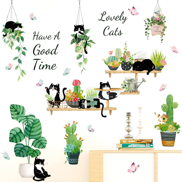 HT94022 Wall Stickers Cartoon Cat Tropical Plant Wall Stickers Decorative