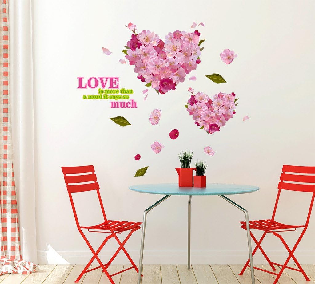 Ay755 'Love is More Than A Word with Heart-Shaped Pink Cherry Blossoms Flowers Bouquet' Wall Sticke