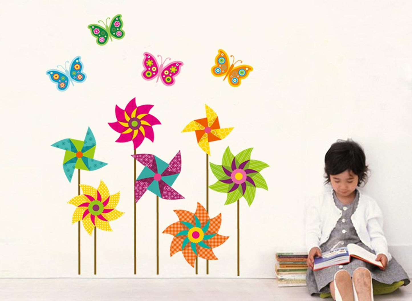DNVEN 30 inches x 35 inches Windmill Butterflies Removable PVC Flowers Wall Decals Stickers Decor for Girls Rooms Bedroom Nursery size 50x70 jm8326