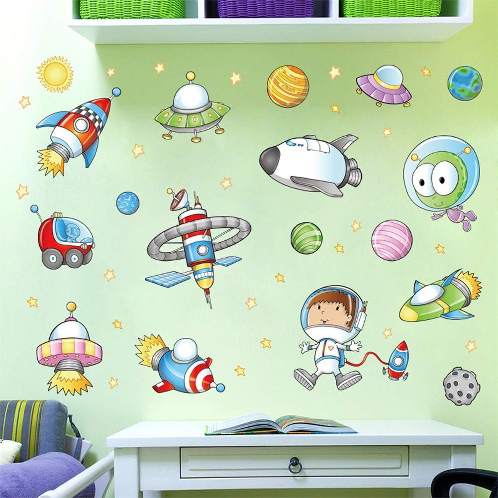Space Astronaut Cartoon Wall Sticker Kids Room Outer Space Planet Galaxy Rocket Ship Decorative Wall Murals For Child's Favor size 50x70 xls7239