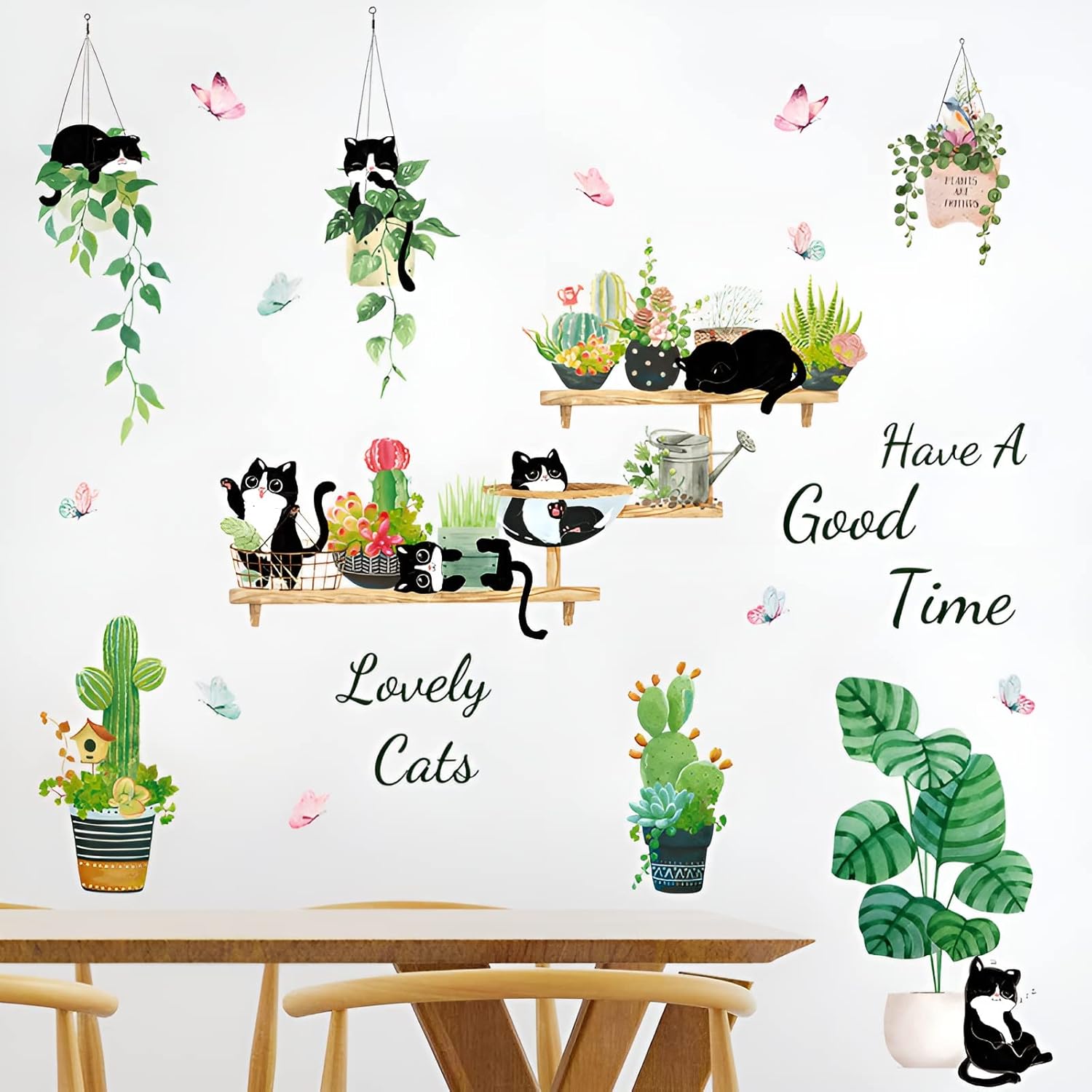HT94022 Wall Stickers Cartoon Cat Tropical Plant Wall Stickers Decorative