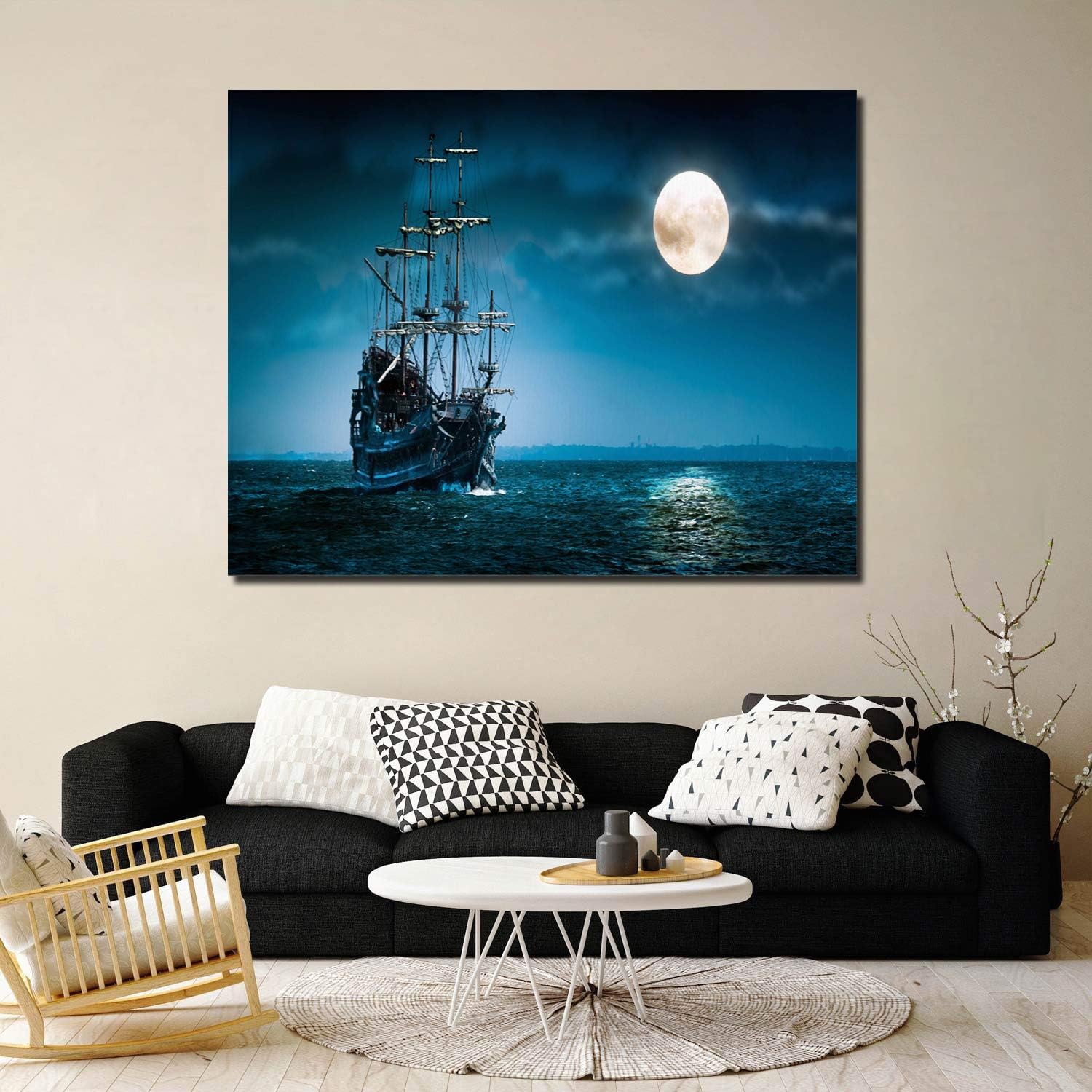 Canvas Wall Art - Night Boat Sailing Marine Moon Pictures - Modern Gallery Wall Decor Giclee Print Stretched and Framed Ready to Han size 70x100 ay8012xl