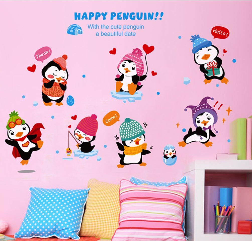 BIBITIME Kindergarten Classroom Nursery Cartoon Saying Quotes Happy Penguin Wall Decals Stickers Bedroom Kids Room Decor,DIY size 40x60 xh1059