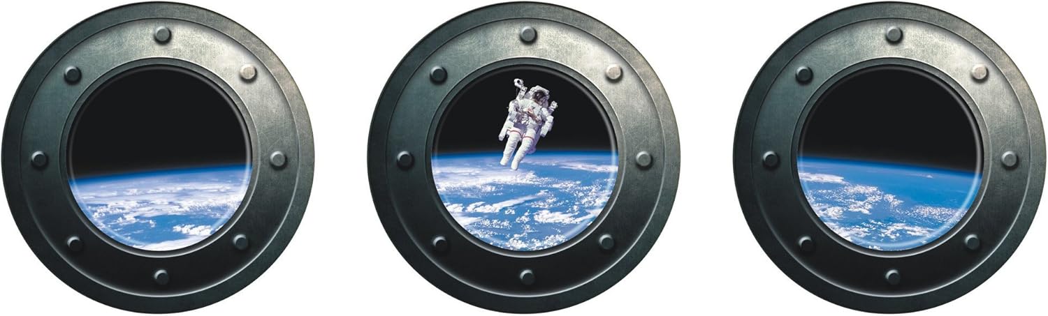 DNVEN 13 inches x 13 inches x 3pcs Set of 3 3D Astronaut Spaceman Galaxy Space Window View Faux Submarine Window Partial Frosted Frosting Murals Wall Decals Removable Wall Stickers for Bedrooms
