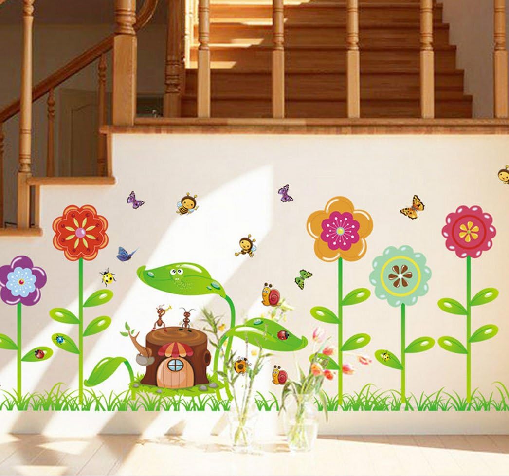 BIBITIME Grassland Flower Cartoon Animal Decal The Stump House Ants Bees Butterflies Snails Ladybugs Wall Sticker for Nursery Kids Room Bedroom size 50x70 xy8098