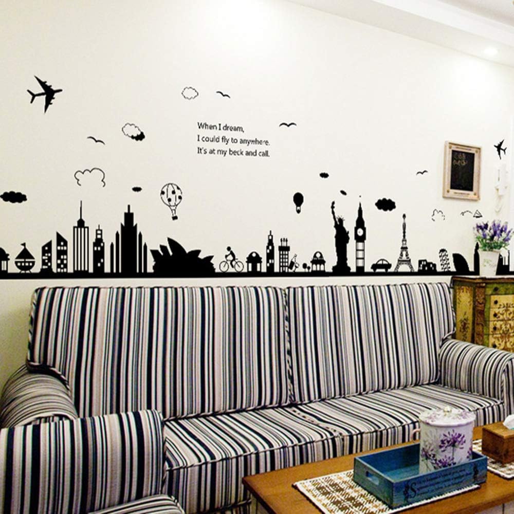 City Scene Eiffel Tower Statue of Liberty Wall Stickers, Living Room, Bedroom, Removable Wall Stickers, Wall Pictures 9214  60x90
