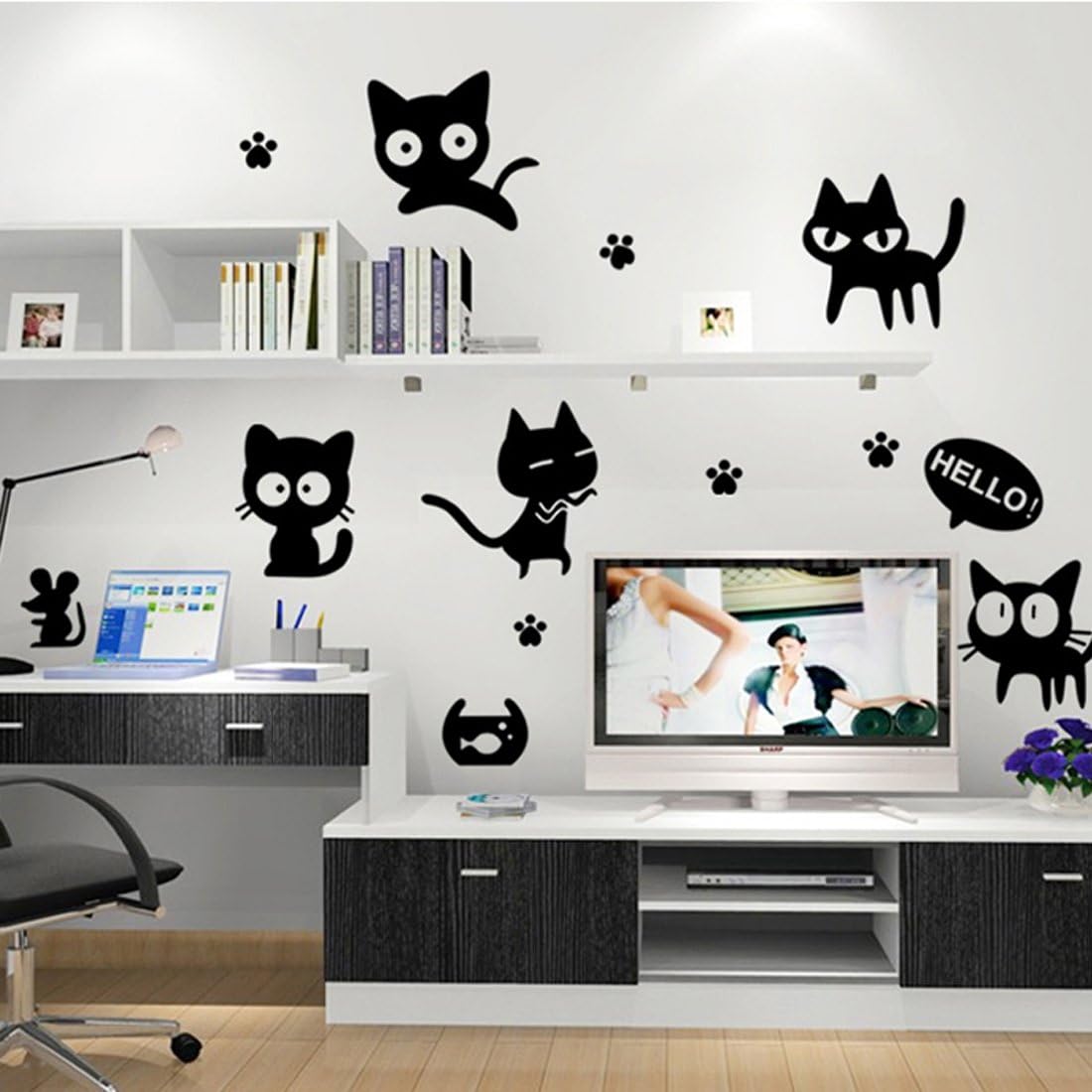 fashionbeautybuy Loverly Cats Wall Sticker House Decal Removable Living Room Wallpaper Bedroom Kitchen Art Picture PVC Murals Sticks Window size 50x60  nc6013