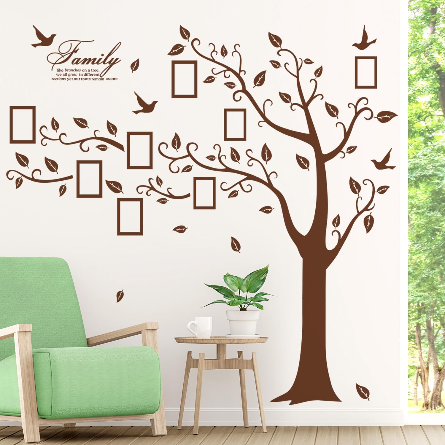 Large Family Photo Tree Wall Sticker 3D Peel and Stick Vinyl Photo Frame Tree Wall Decals Removable Quotes Leaf and Birds Wall Decor for Home Kids Bedroom