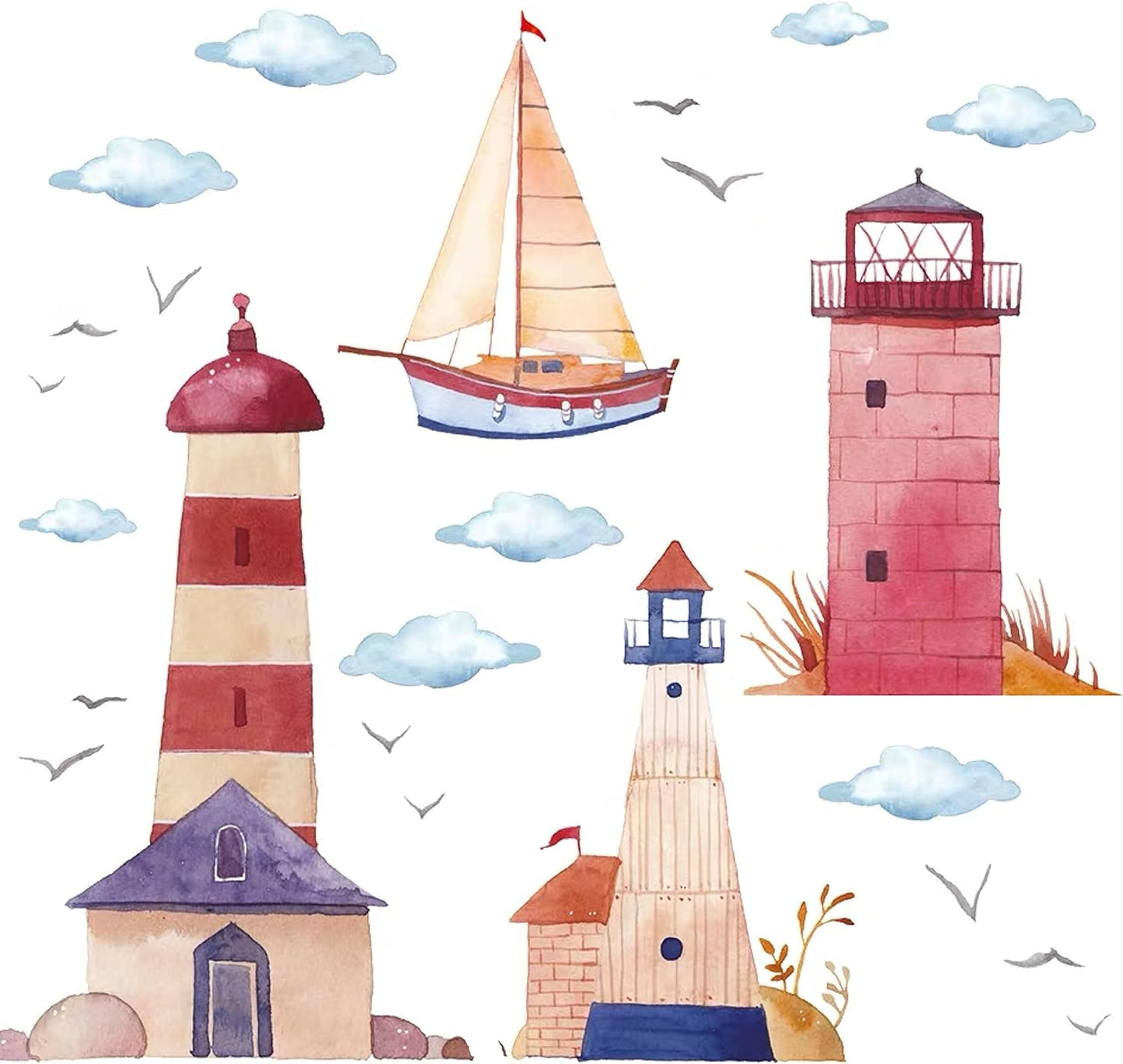 HM92019 Watercolor Lighthouse Wall Stickers Sailing Clouds Wall Sticker