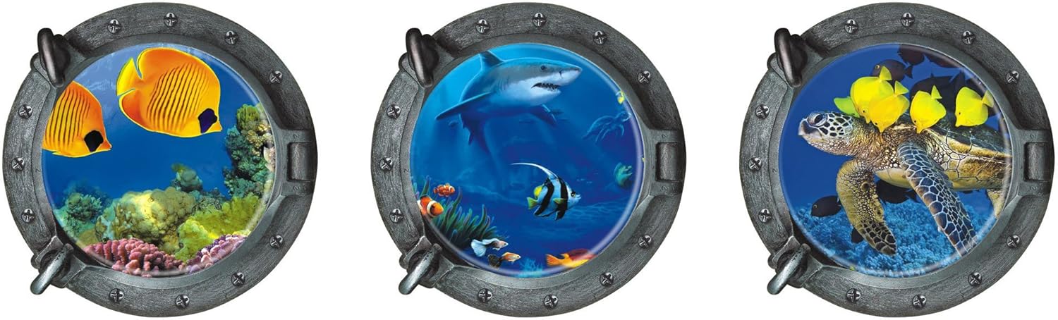 DNVEN Porthole Wall Decals Tropical Fishes Stickers 3D Under the Sea Ocean World Shark Sea Turtles Window View Faux Submarine Removable Murals for Bedrooms Boys Room Decor 13 inches x 13 inches x 3pcs z-1-004