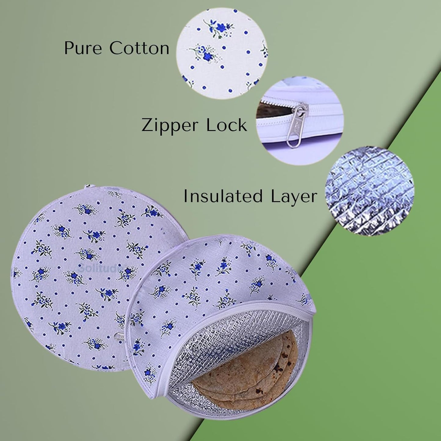 Insulated Large Cotton Roti Cover with Zipper & Handle, Thermal Chapati Storage Bag for Roti, Paratha & Naan