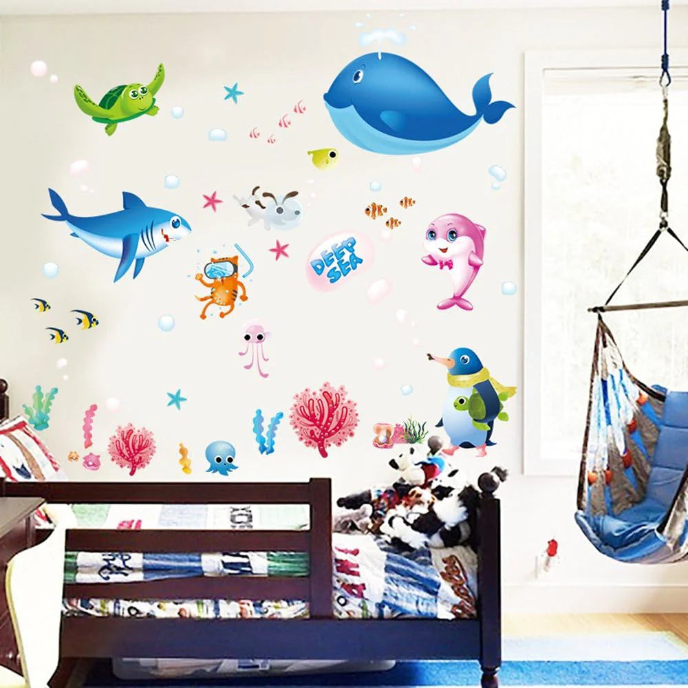 Cartoon Animals Wall Stickers Photo Frames Removable Wall Decals Home Decor PVC Art Mural Baby Boys Girls Kids Bedroom Kitchen Decoration Posters Wall Sticker (Whale Shark Dolphin Sea Aniamls) size 50x70 xls7225
