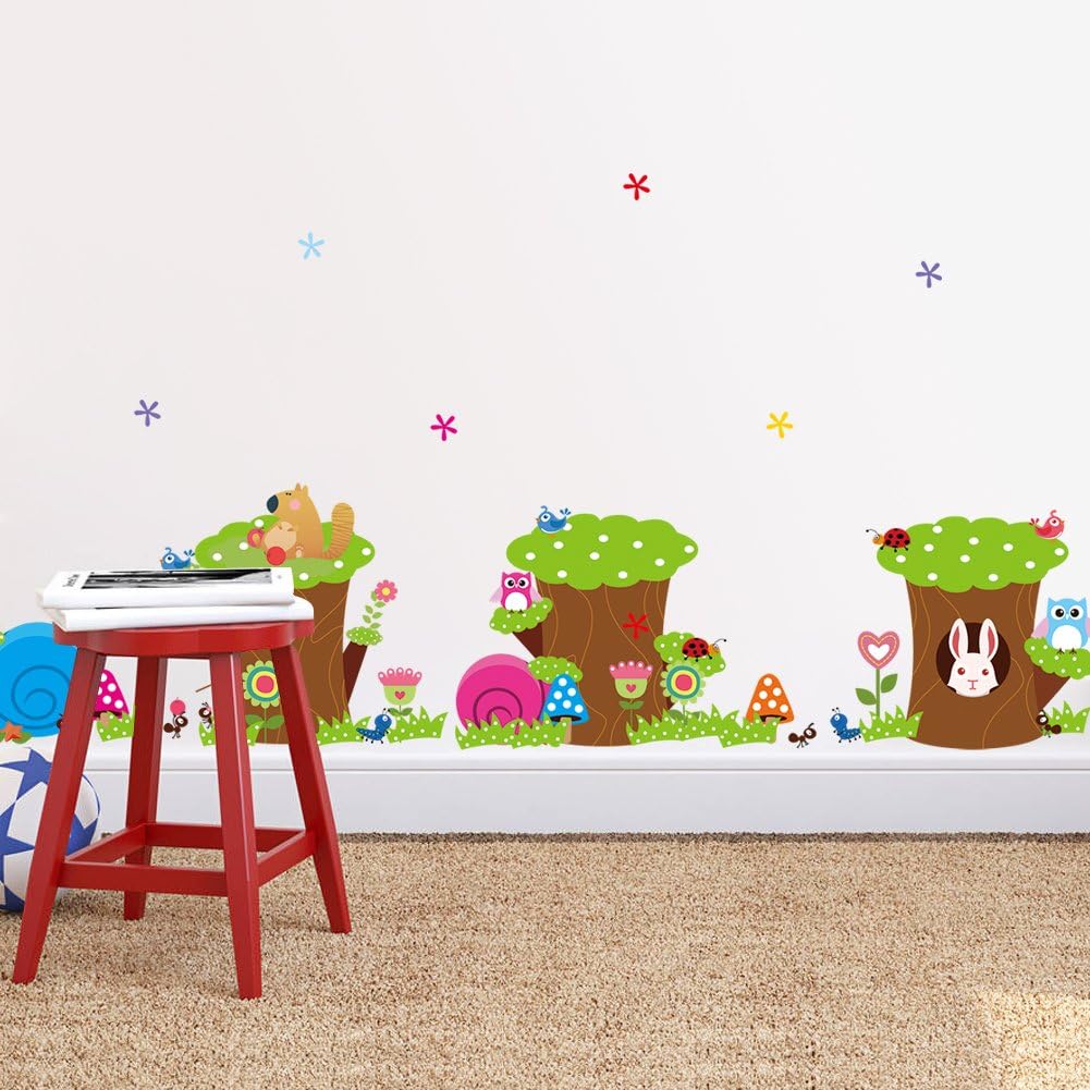 Happy Rabbit Owl Ant Bird Stump Wall Art Decals Decor Peel and Stick Removable Sticker for Children's Room size 60x90 nc016