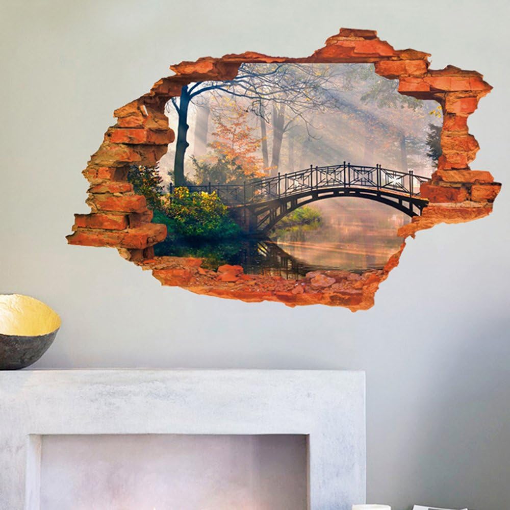 RANDWICK Broken Wall Bridge Scenery Pattern Room Decor 3D Wall Sticker Decal MJ8024gw