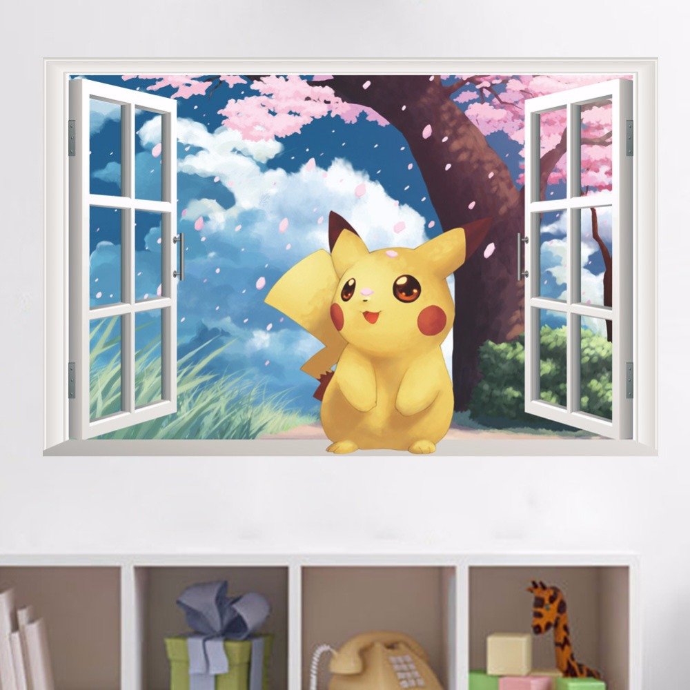 GADGETS WRAP Cute Pikachu Fake Window Wall Decal- Multicolor size 50x70  ncs14117s
