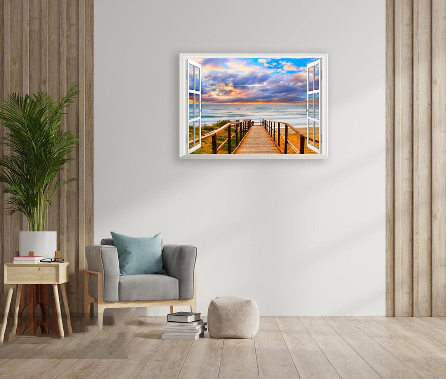 GEILEX Modern Seascape Painting. Seaside Nature Landscape Painting. Beach Wooden Bridge Canvas Wall Art Poster. Window View Home Decor Picture. 50x70cm ncs0023