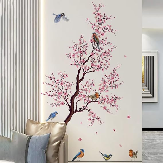 Pink Peach Blossom Flowers Branch Birds Floral Wall Stickers for Bedroom Living Room Furniture Background Wall Decals Murals PVC size (60x90) xh6021
