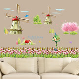 Decorative wall decal, Dutch windmill design, tulip flowers, butterflies, birds and birds size 60x90  xh1110c
