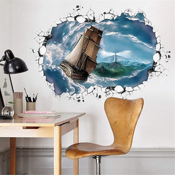 Ampire Wall Stickers 3D Ship Sailing in Thunderstorm Sea Creative Self-Adhesive Vinyl size 60x90  xh9290