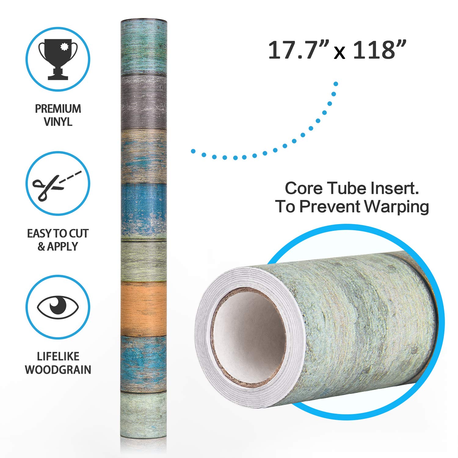 WENMER 17.71" x 118" Wood Plank Contact Paper Wallpaper Distressed Wood Textured Peel and Stick Wallpaper Blue Green Yellow Strips Self-Adhesive Wallpaper roll for Walls Shelves Drawers Furniture Room